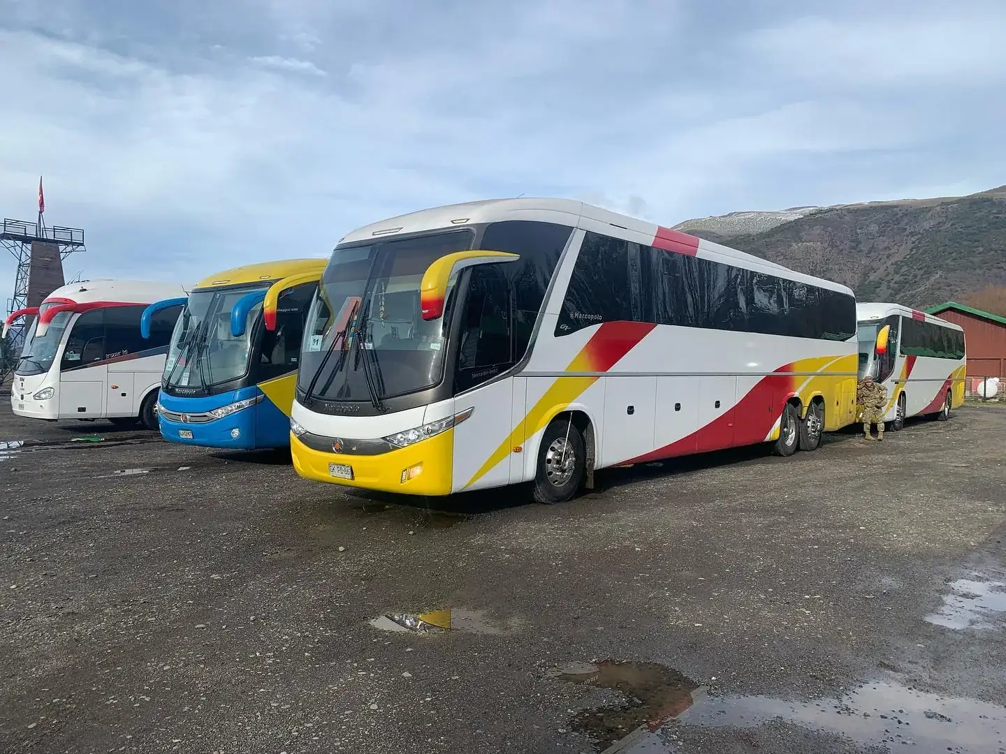 Bus Travel Star con flota detrás
